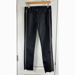 Lauren Vidal Paris Black Jeans Frayed Hem Silver Beaded Side Panels Women's S